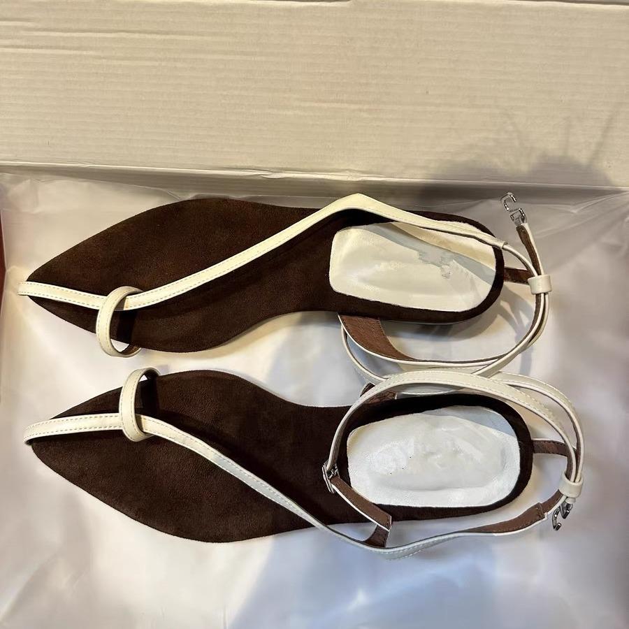 Leather French Niche Premium Sense Pointed Head Leaf Set Toe Sandals Women's Summer Vacation Low Heel Flat Heel Strap Sandals