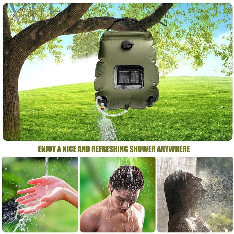 20L Solar-Powered Bath Bag, Military Green, 5-Gallon Shower Bag, Outdoor Camping Bath Water Bag, Toiletries Bag