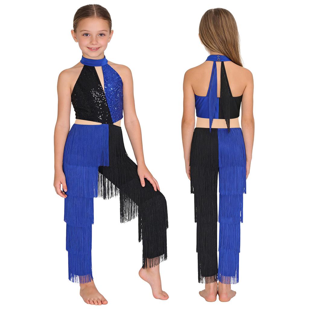 Lateinischer Tanz Wettbewerbskostüm für Mädchen: Colorblock Pailletten Quasten Jumpsuit, Neckholder Ärmellos mit Cut-out Rücken für Bühnenauftritt