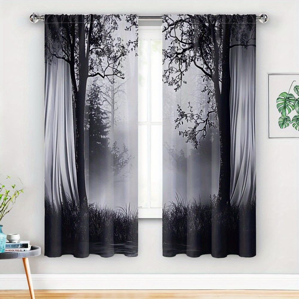 2PCS Blackout Curtains Misty Forest Gothic Print Polyester Rod Pocket Top for Bedroom Living Room Home Decor