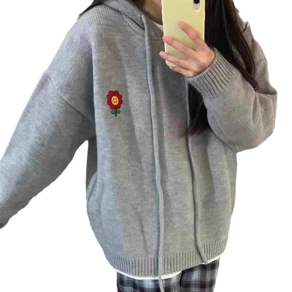 Women's Grey Floral Embroidered Hooded Knit Sweater - Autumn/Winter Casual Retro Style