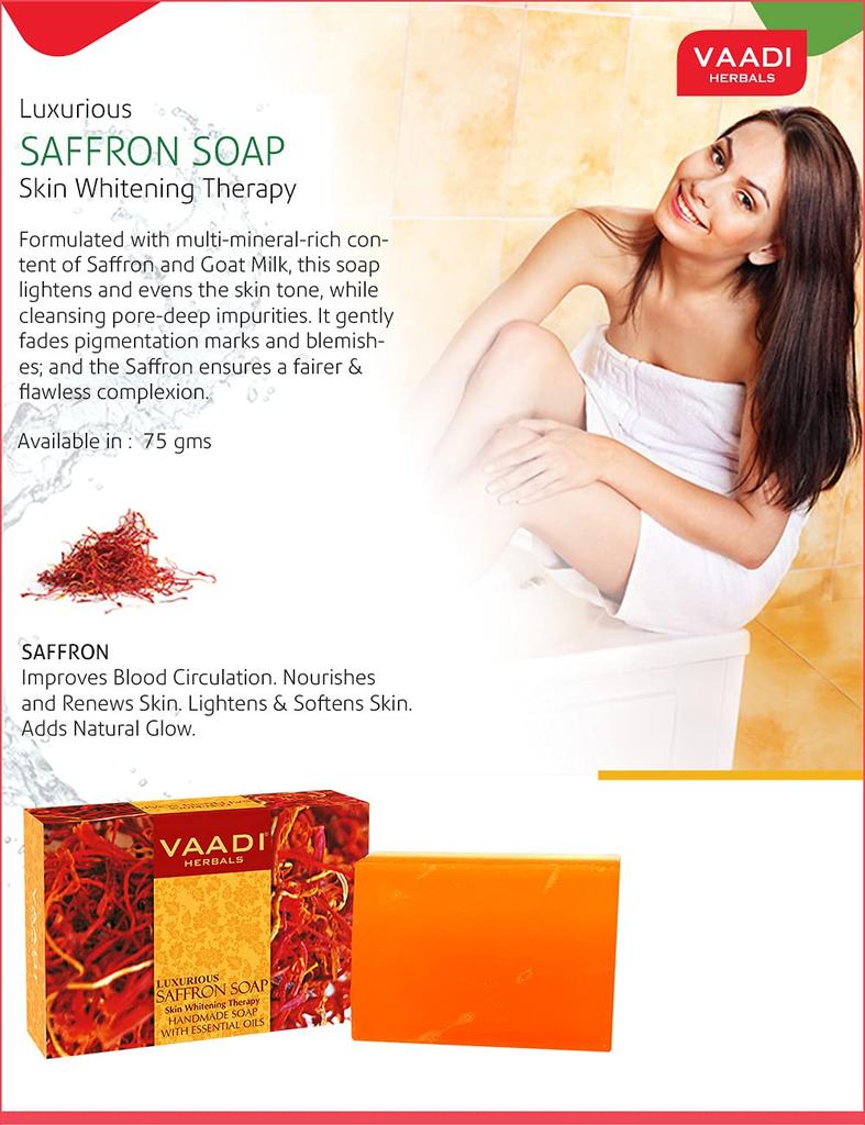 Vaadi Herbals Saffron Skin Brightening Bath Soap With Goat Milk For Face And Body Cleansing Glow Care 75 G Pack Of 6 Bars