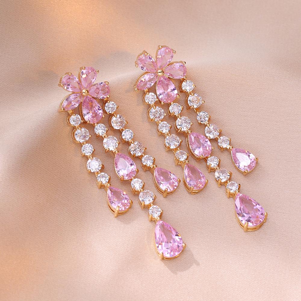 

Европейский и американский стиль розовые серьги-подвески с кисточками в форме капли с цветами для женщин - французский микропаве, длинный нишевый дизайн