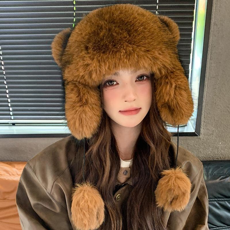 Cute little raccoon with tail hat female winter thickened warm student versatile outdoor bag head cold hat