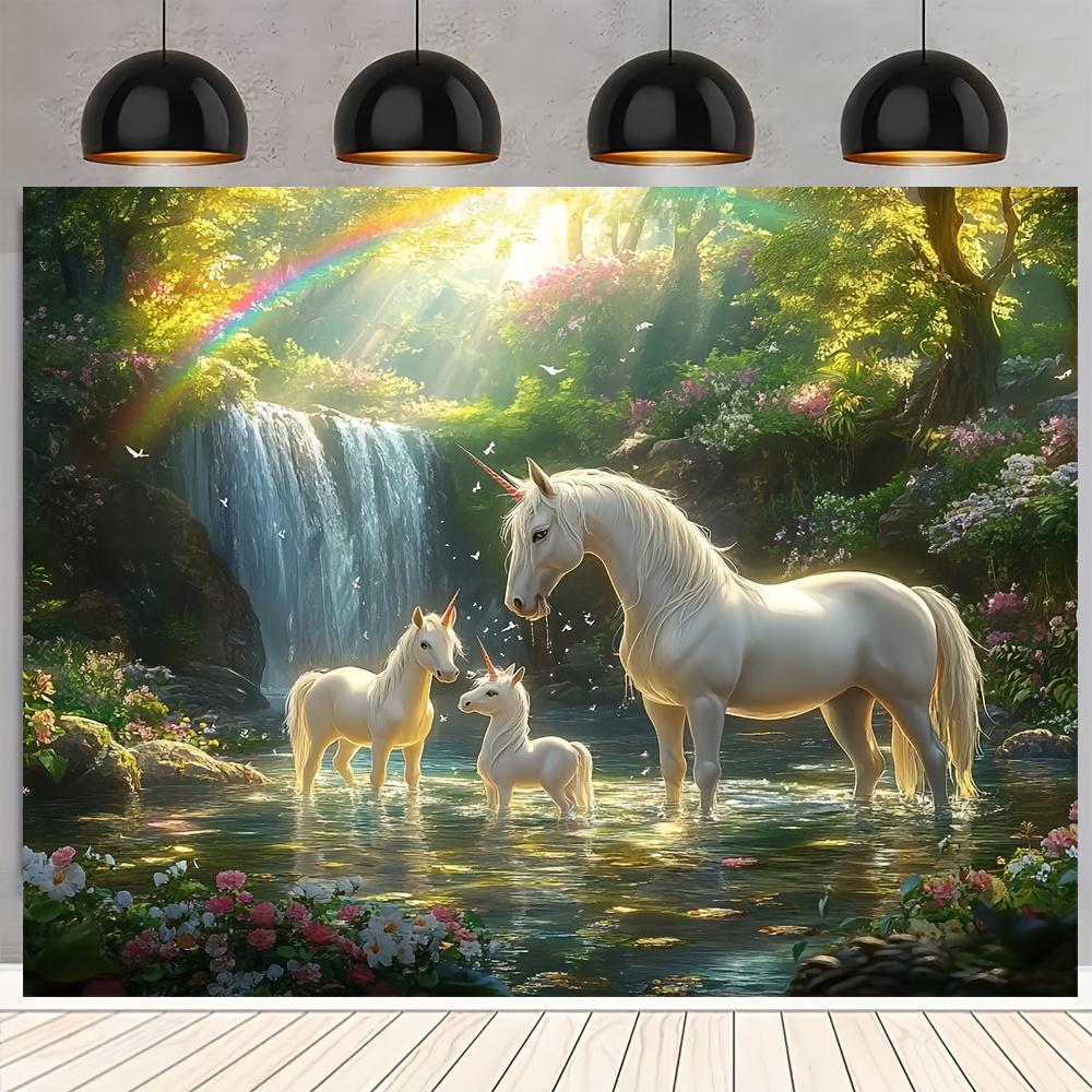 1 large unicorn forest scene background - durable polyester fabric, no power supply required
