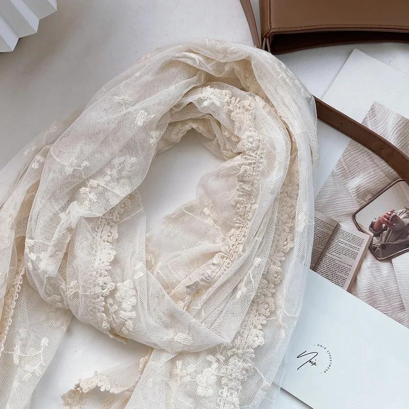 VREOVOR Vintage Hollow Lace Scarf Women's Shawl Silk Transparent White Gauze Embroidered Thin Cotton and Linen Spring and Autumn