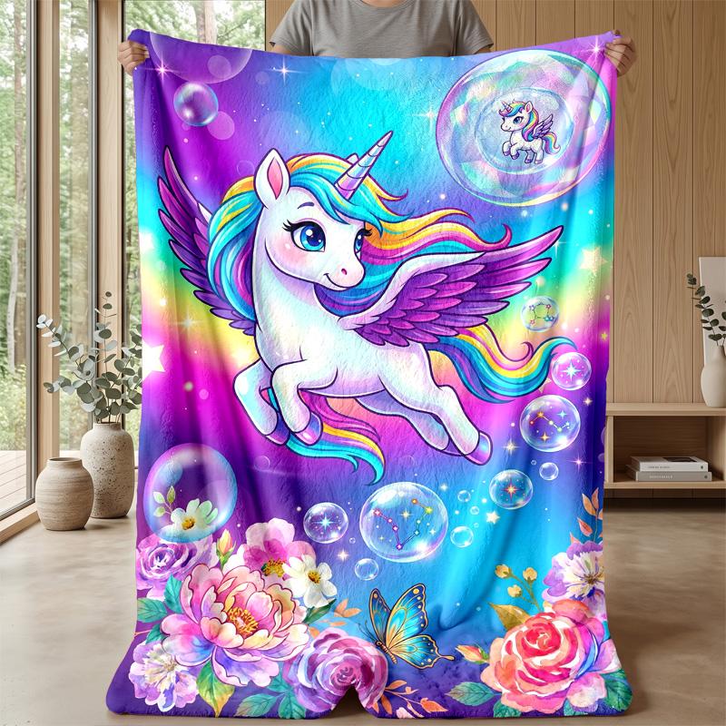 Fantasy Unicorn with Flowers Theme Blanket Lightweight Warm Flannel Blanket Decorative Throw Blanket for Home Decoration