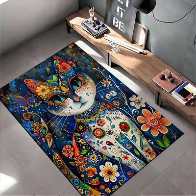 Colorful Floral Cat Design Rug, Artistic Style Non-slip Rug Suitable for Living Room and Bedroom Sofas