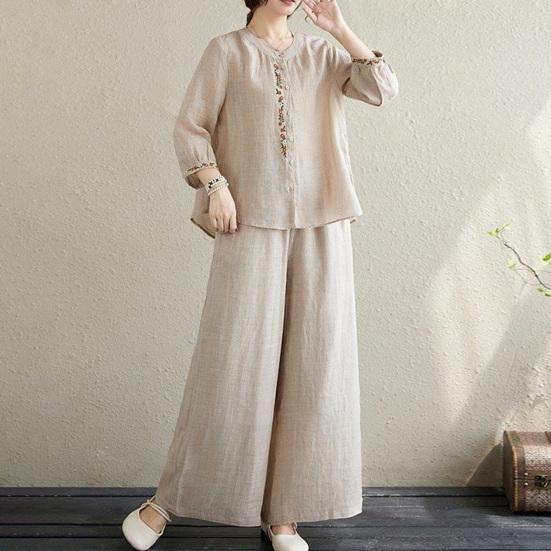 2ks/Sada Dámský Ležérní Outfit Kulatý Výstřih 3/4 Rukávy Výšivka Květinový Vzor Košile Široké Nohavice Dlouhé Kalhoty Sada Denní Nošení