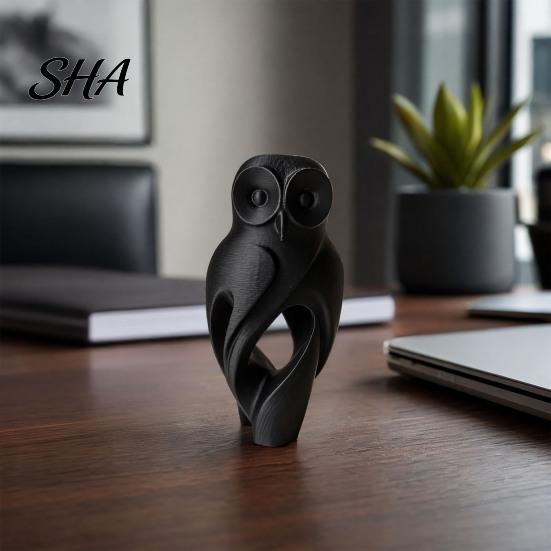 Desktop Ornament 3D Printed Owl Figurine, Hollow Modern Art Sculpture with Matte Black Finish, Minimalist Desk Decor for Home Office Bookshelf,