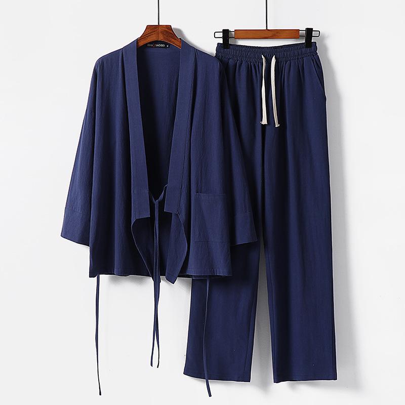 Pánský bavlněný lněný Tang oblek nadměrné velikosti: Sedmikrkavý Hanfu Daoistická košile a roucho Dvoudílná sada v čínském stylu