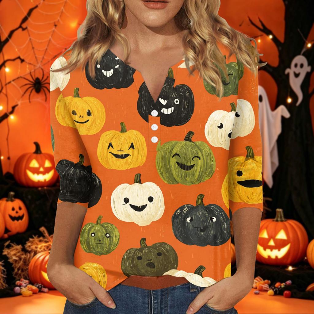 Women's Halloween Print V-Neck Short Sleeve T-Shirt with Decorative Buttons for Casual Fall Outfits