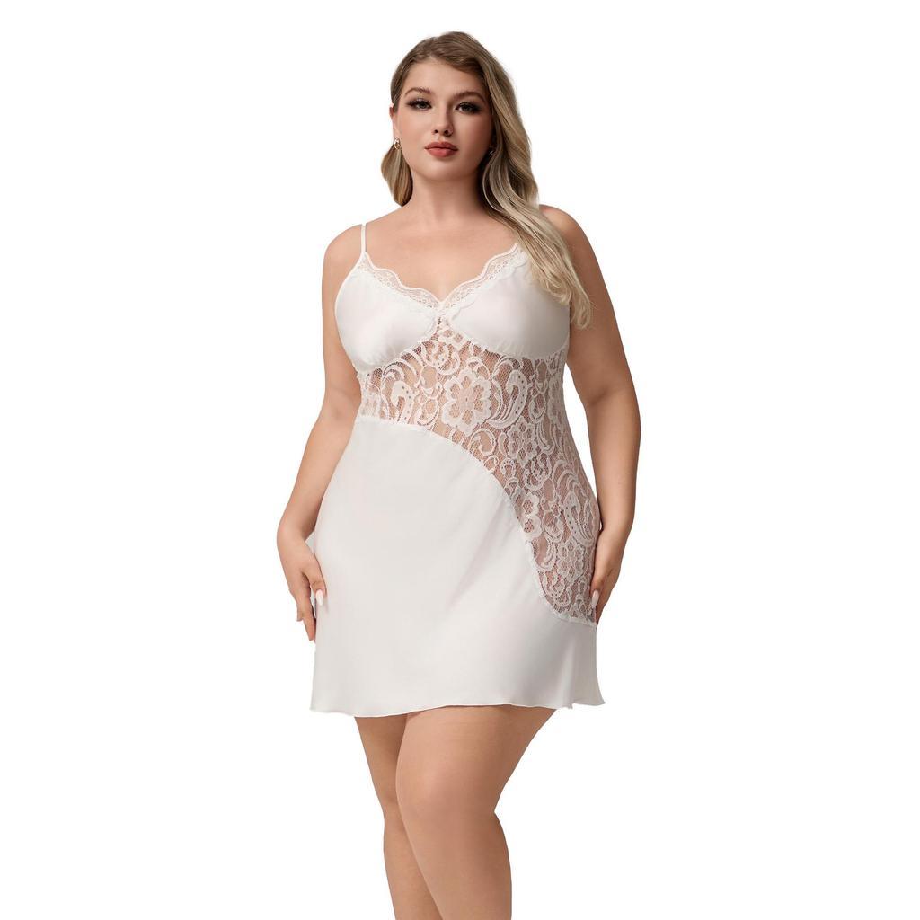Yaoting Plus Size Satin Lace V-Neck Spaghetti Strap Nightgown for Women
