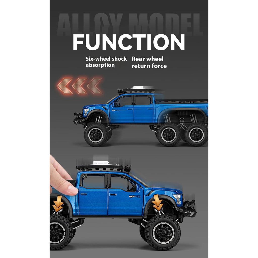 1/24 Ford Raptor Pickup Truck Model, Removable Simulated Alloy RV, Off-road Toy Car with Sound and Light, Boy's Birthday Gift