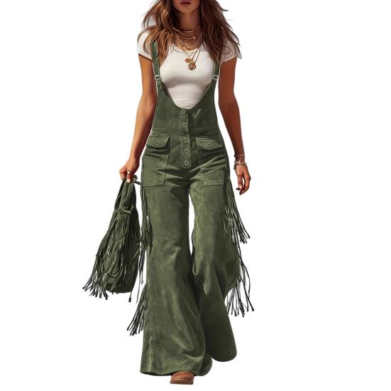 Cargo Jumpsuit Sleeveless Wide Leg Cargo Jumpsuit Adjustable Straps Front Button Closure Edge Details S зелёный