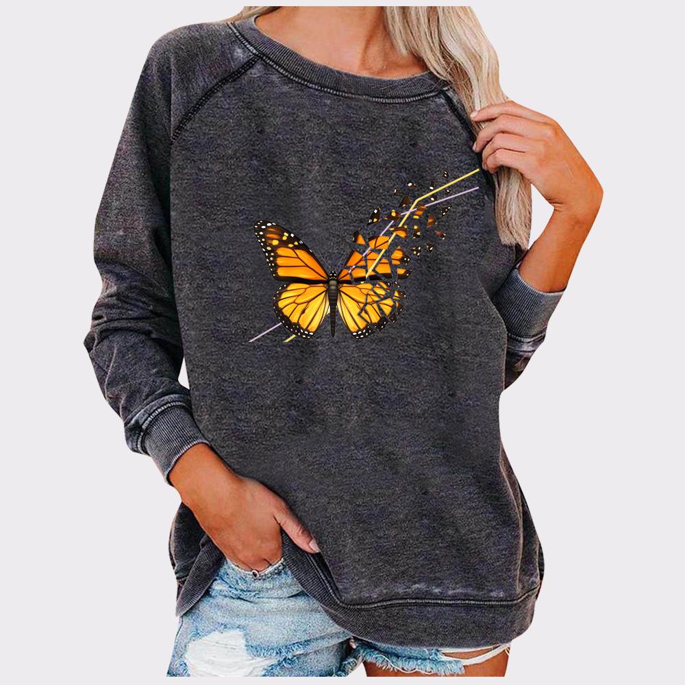 

Женская мода с длинным рукавом и принтом бабочки, весенне-осенняя свободная толстовка с круглым вырезом