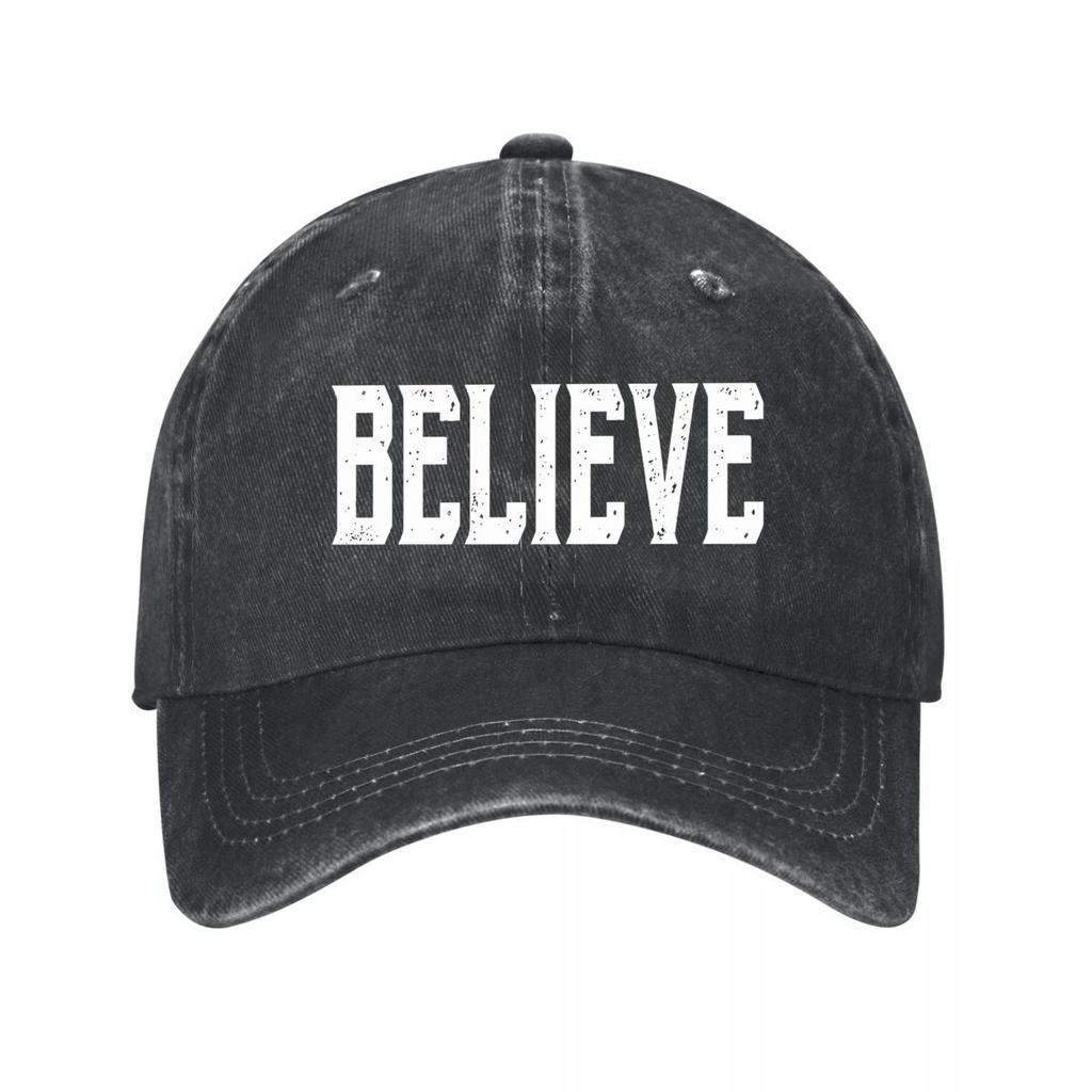 Believe Distressed College Lettering Typography Design Washed Baseball Cap Outdoor For Womens Unisex FeUnisex