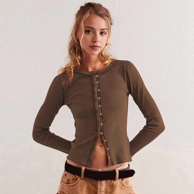 Tops de tricô femininos, gola redonda, manga comprida, peito único, nervurado, fecho frontal com botões