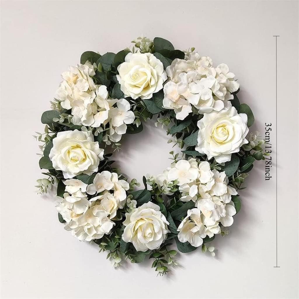 All-Season Artificial Rose Wreath with Embroidery Ball & Realistic Green Leaves - Plastic Flower Garland Suitable for Front Door