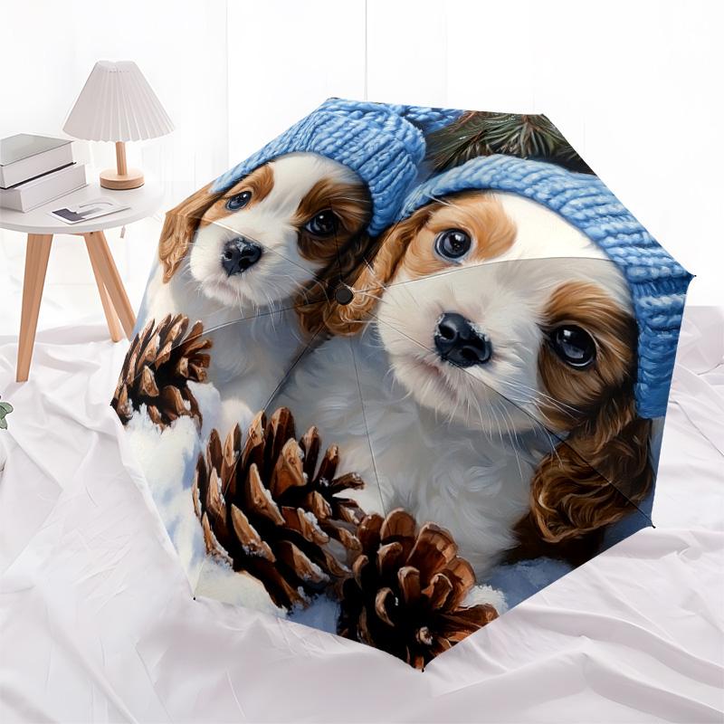 1 Stück Automatischer Faltregenschirm - Süßes Hundemuster, Tragbares & Faltbares Design mit 8 Speichen, Weihnachts- und Geburtstagsgeschenke