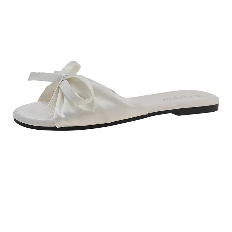 

Fashion Summer Women s Shoes 2024 High Quality Solid Color Fashion Open Toe Casual Women s Flats Bow Tie Women s Beach Slippers Sandal 35 бежевый
