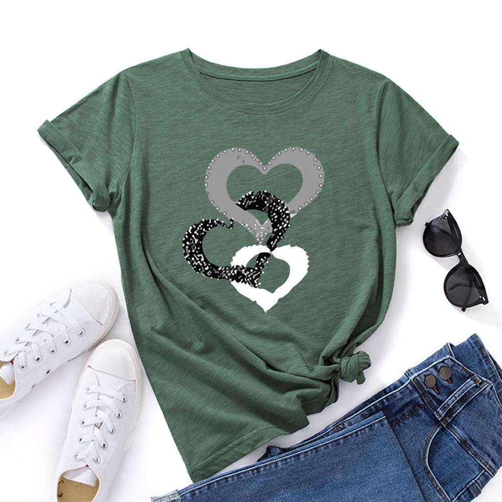 3 Circle Heart Pattern Cotton T-Shirt Short Sleeve Round Neck Women 2d Print Tops