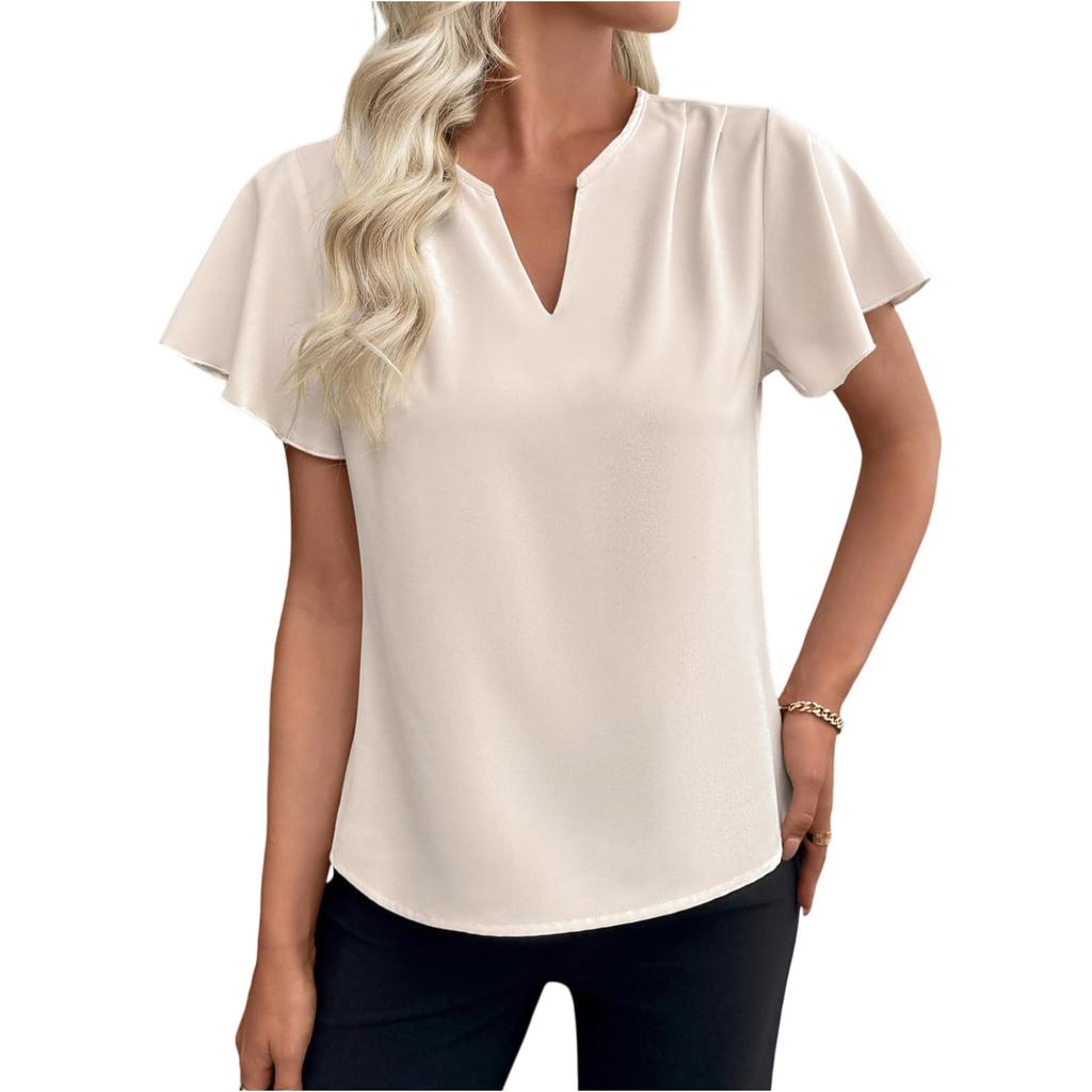 Fashionable Women's Ruffle Sleeves, Fashionable And Elegant V-neck Pleated Color Short Sleeved Shirt