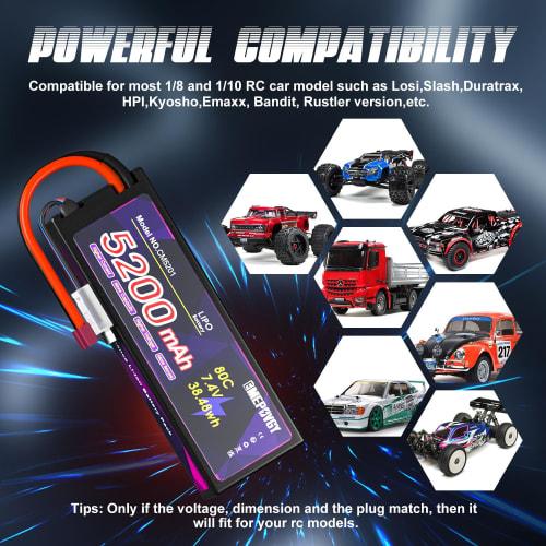 7.4V LiPo Battery, 5200mAh, 80C, 2S, Set of 2, with Deans T, Suitable for Various RC Cars and Trucks