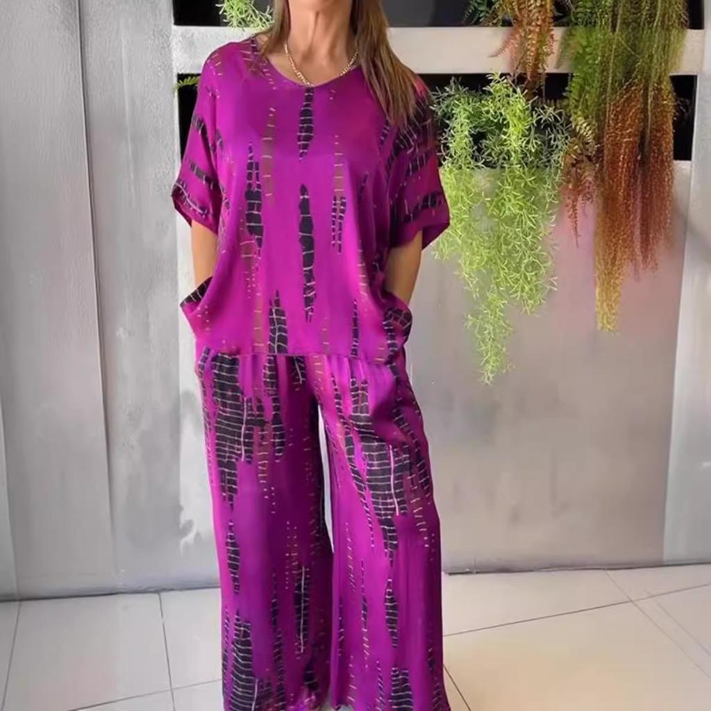 Women's Abstract Print Loose Fit Short Sleeve Top and Wide Leg Pants Set