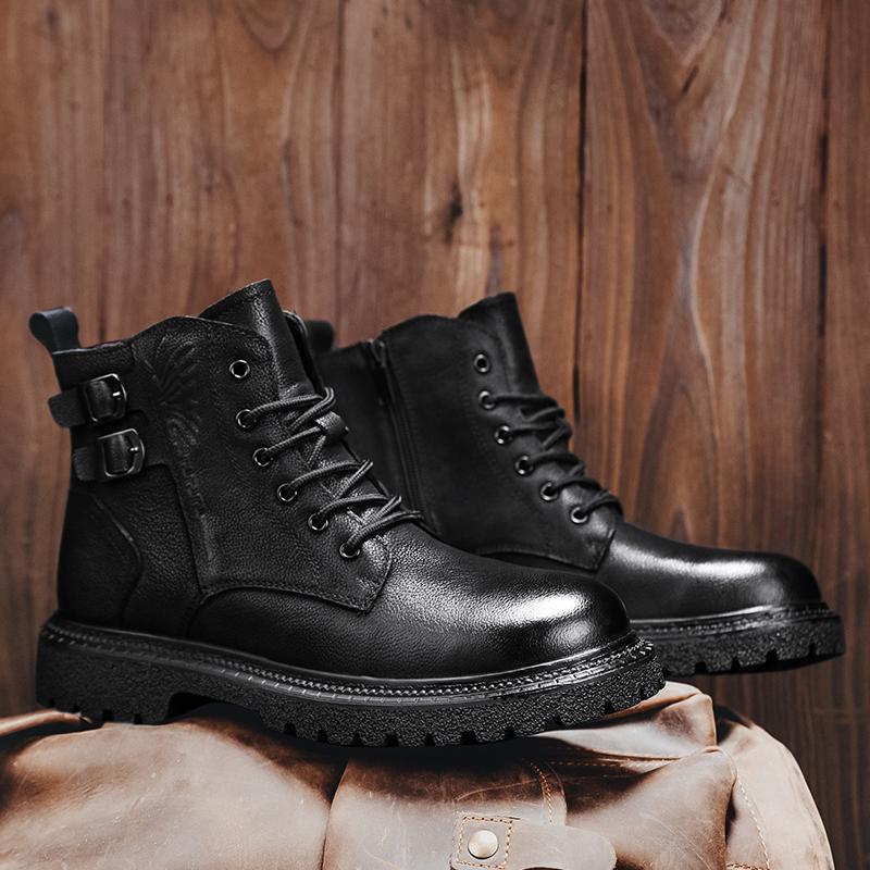 Fashion Genuine Leather Men's Motorcycle Boots Comfy Men Winter Plush Snow Boots Lace-Up New Male Ankle Boots Walking High Top Shoes
