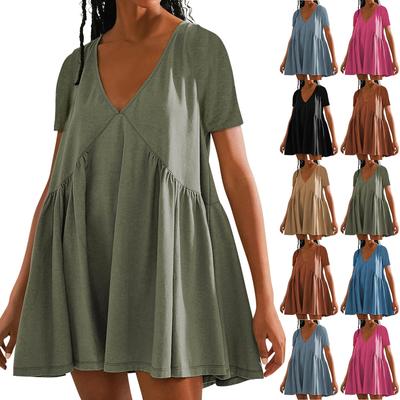 Women's Fashion Short Sleeve V-Neck Solid Color Casual Loose T-Shirt Dresses