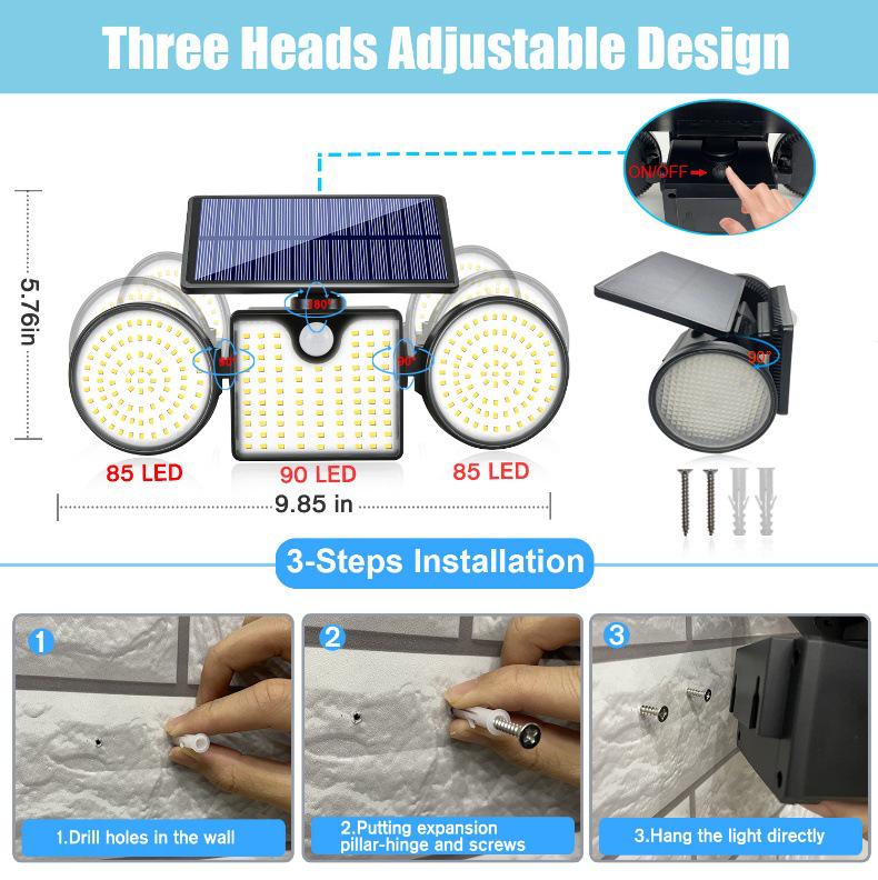 Three-Head Solar Wall Light, 260 LED, Motion Sensor Outdoor Garden & Street Lighting