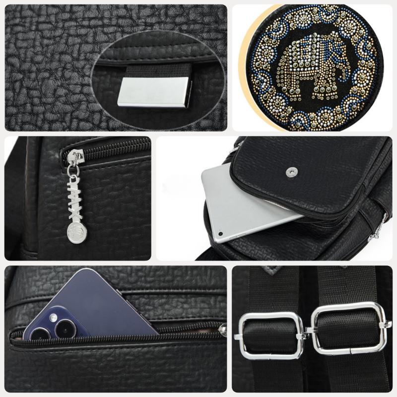 Fashion Personality Elephant Hot Stamping Women's Backpack Ethnic Style Versatile Anti-theft Handbag Trendy Rivet Outdoor Travel Shopping Shoulder Bag