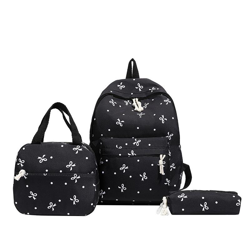 Ensemble de sac à dos 3 pièces imprimé nœuds pour femmes Sac bandoulière assorti & Sac à main & Trousse à crayons Multi-poches Léger Pack scolaire noir