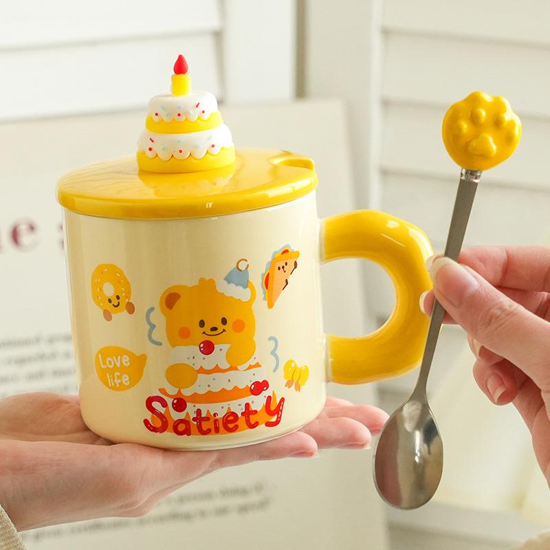Cupa Ceramică Creativă cu Ursuleț Desen Animat, cu Capac și Linguriță, pentru Cafea de Uz Casnic, pentru Cuplu, pentru Apă, Cutie Cadou de Valoare Ridicată