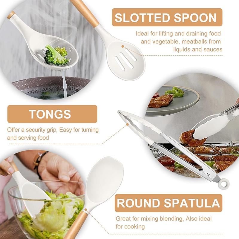 12 Pcs Silicone Kitchen Utensils Set Non Stick Silicone Cooking Utensil Set Heat Resistant Cookware with Wooden Handle JT558