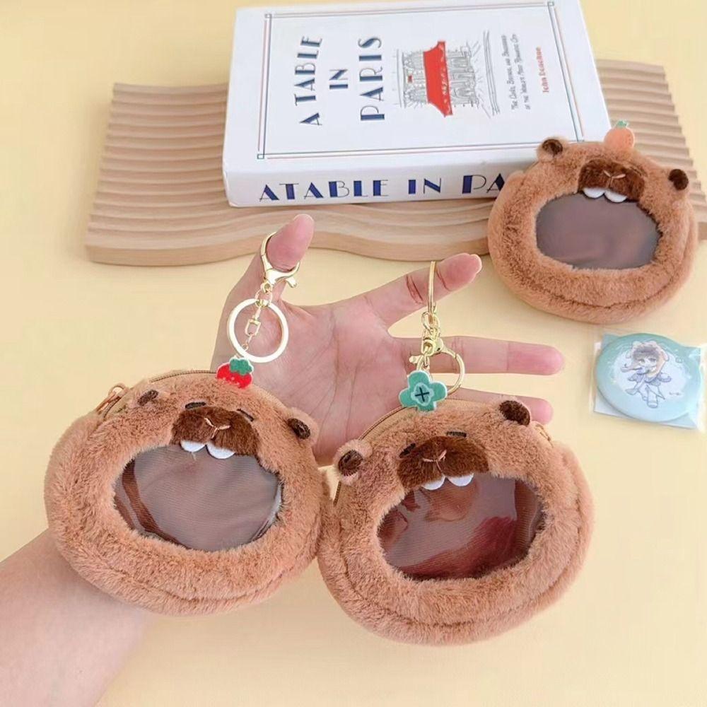 PP Cotton Capybara Zero Wallet Creative Transparent Badge Bag Gift Plush Doll Pendant  Kids