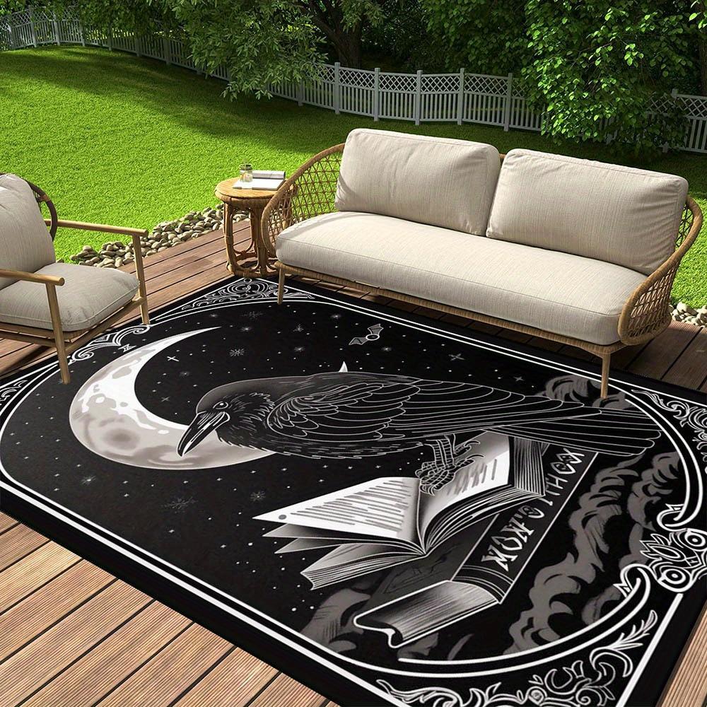 Gothic Raven and Moon Design Area Rug  Polyester Non-Slip Mat | Black & White Celestial Motifs | Ideal for Living Room, Be