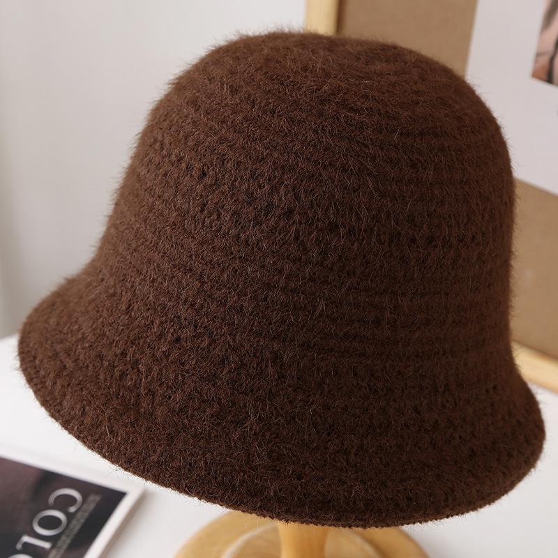 Autumn and winter knitting double-sided can wear solid color bucket hat women's casual versatile hollow bucket hat to keep out the cold and warm basi