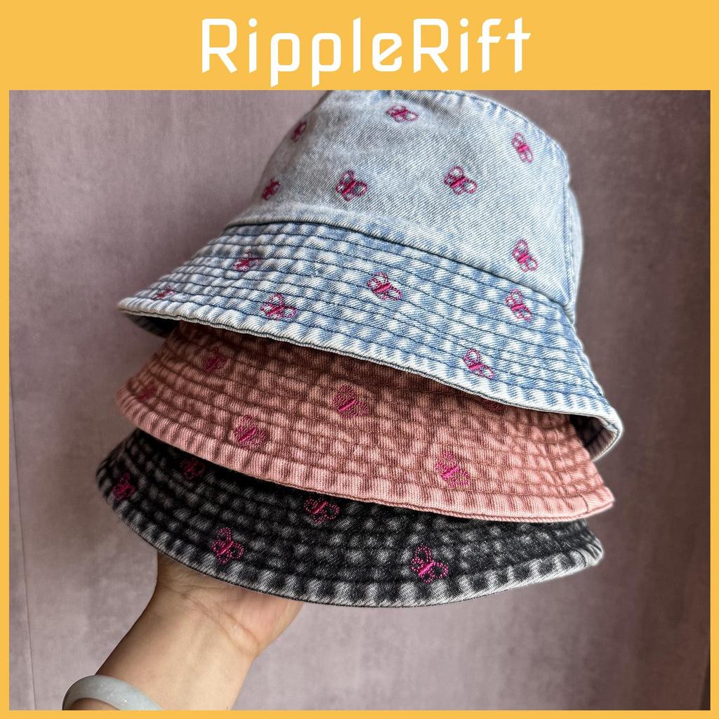 Bucket Summer Sunshade Hat Cotton Denim Material And Embroidered Cartoon Women