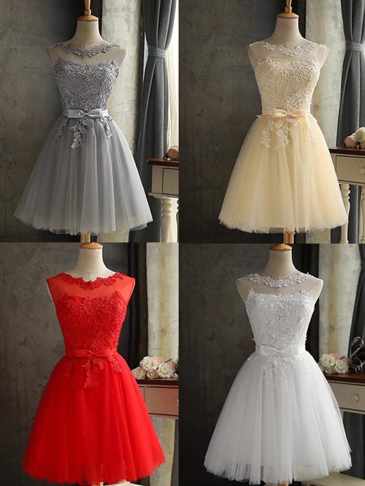 Grupo Irmãs Vestido de Dama de Honra Cor Champagne Sem Mangas Vestido de Festa Feminino Saia Curta Estilo Coreano Estilo Princesa Vestido de Casamento