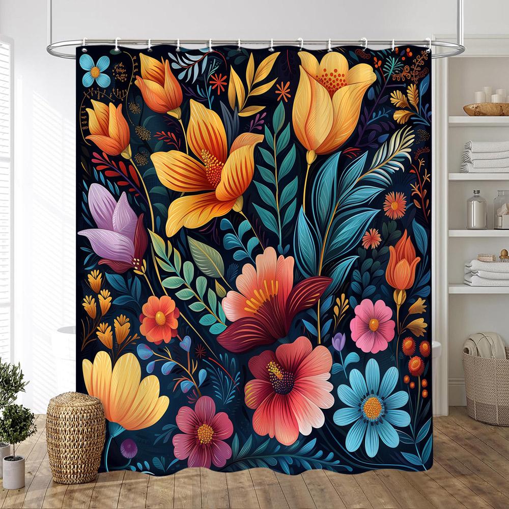 Black Background On Colourful Flowers Shower Curtain Vintage Style Artistic Creativity Print Fabric Bath Curtains Bathroom Decor