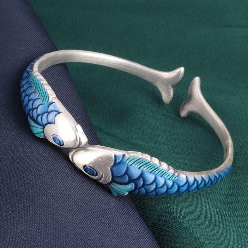 National Drop Craft Pisces Carp Bangle 925 Silver Fashion Personality Animal Fish Opening Bracelets SL036