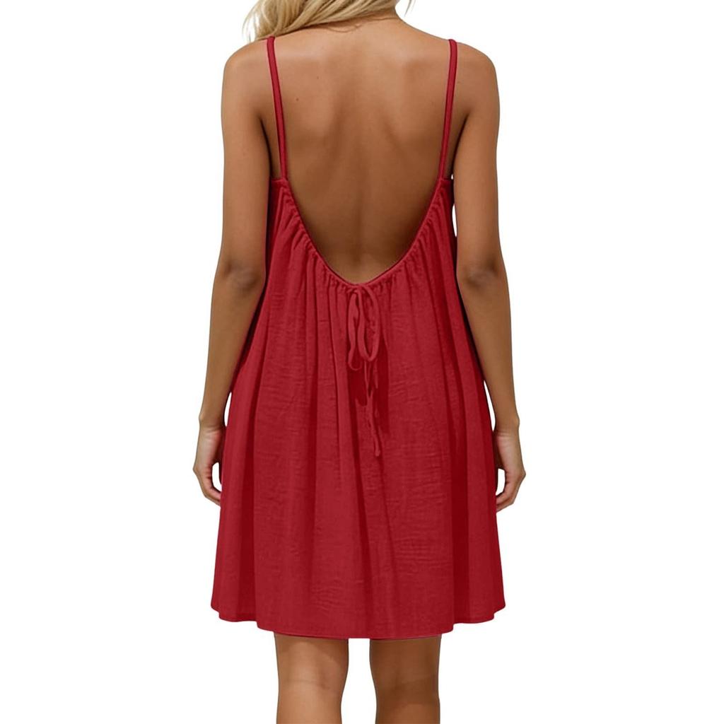 Casual Backless Cami Dress for Women Summer Sleeveless Beach Sundress Spaghetti Strap Loose Flowy Dress with Back Tie
