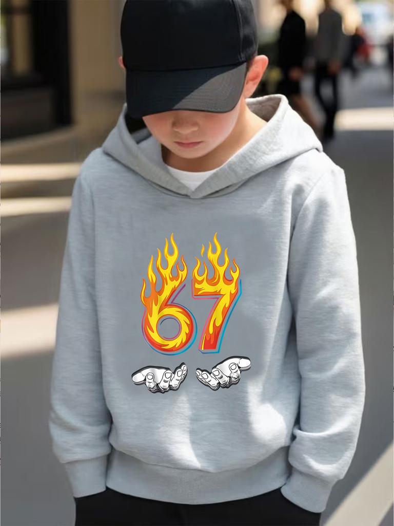 Spring And Autumn Printed Flame 67 Pattern Hooded Sweatshirt For Children, Casual Everyday Must-Have For Kids, Ideal Gift Choice