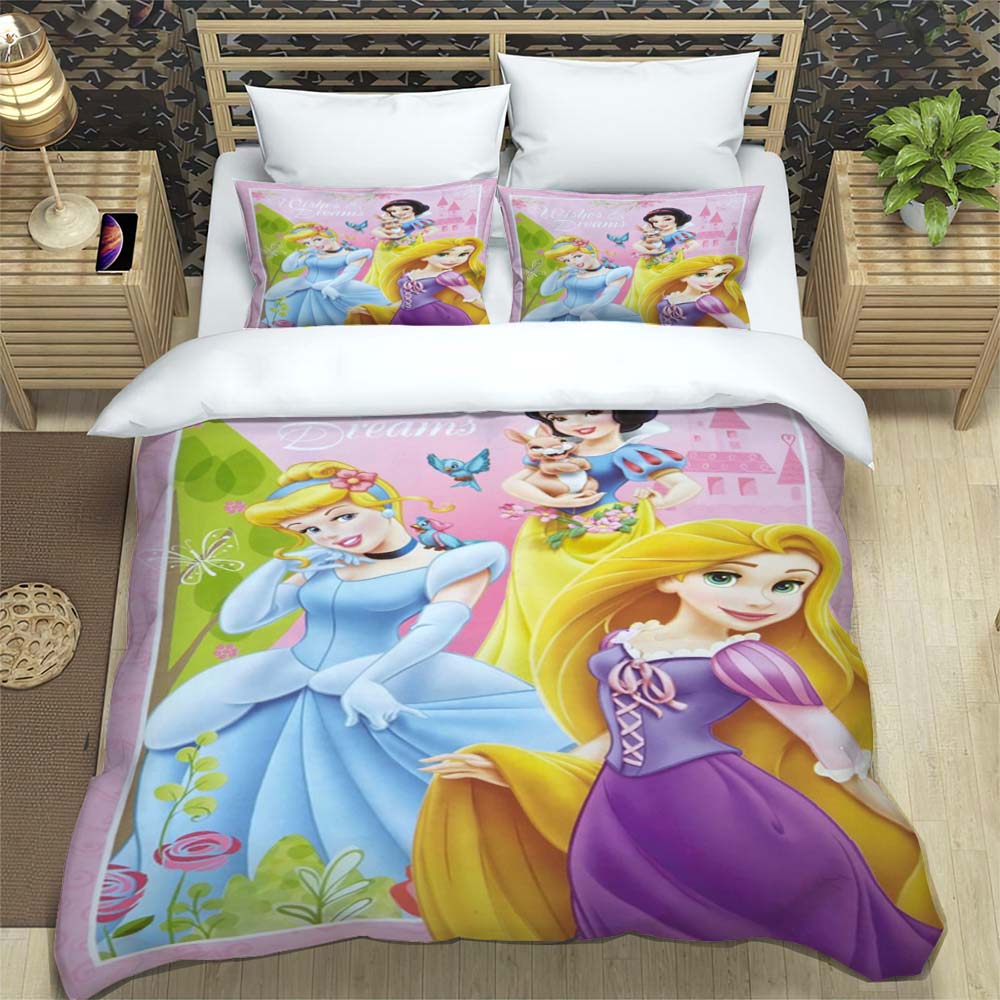 Princess series duvet cover set, 3D children's bedding three-piece set, includes 1 duvet cover and 2 pillowcases, extra large si