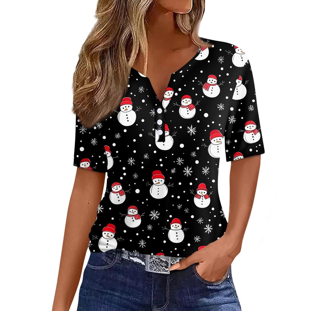 Women's T Shirt Christmas Print Button Short Sleeve Daily Weekend Fashion Basic V- Neck Regular Top