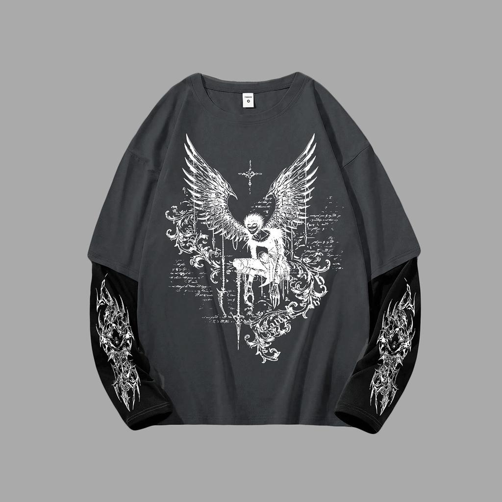 Męska koszulka Y2k Goth z grafiką, oversize, z długim rękawem, z okrągłym dekoltem, streetwear, wiosenna