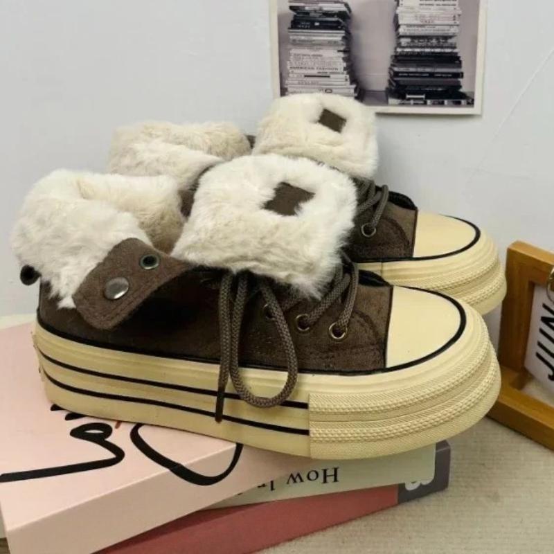 Women Shoes Winter Plush Warm Shoes Classic High Top Canvas Oes Winter Sneakers for Women Lace Up Platform Vulcanize Shoe