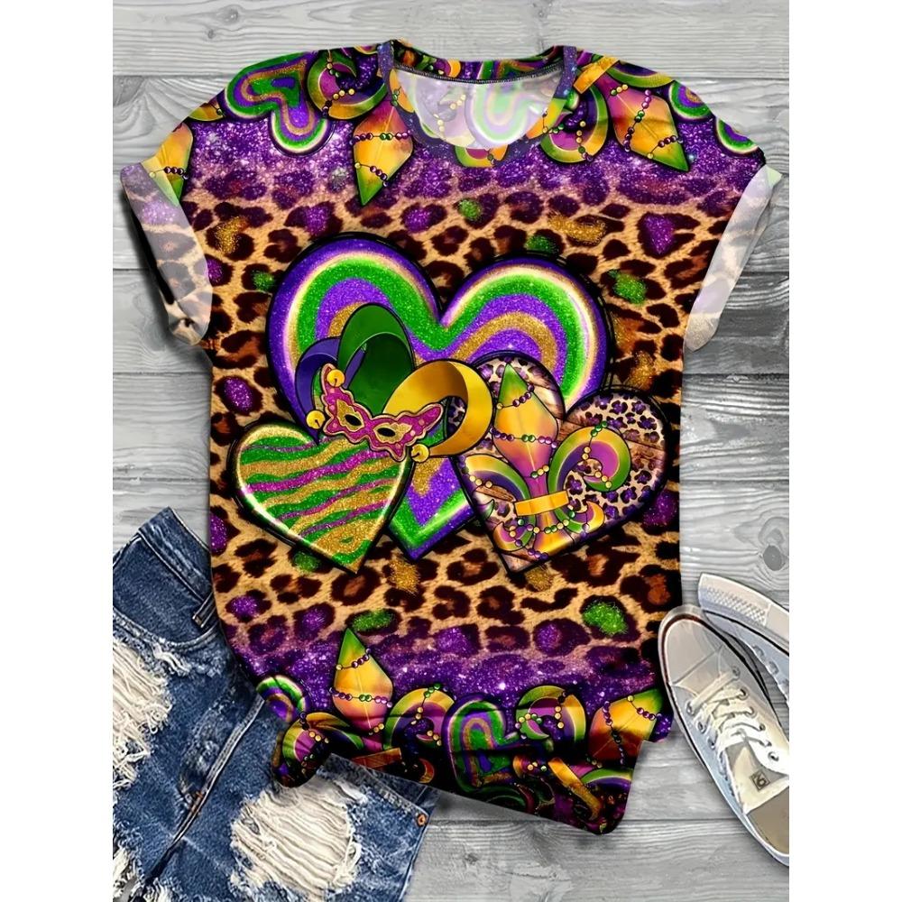 Full Print Women Mardi Gras Mask Pattern T Shirt Casual Short Sleeve Crew Neck Tees Shirt New In Party Tshirts Women's Clothing